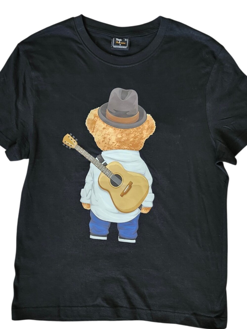 Men's Black Graphic T-Shirt with Bear and Guitar Print